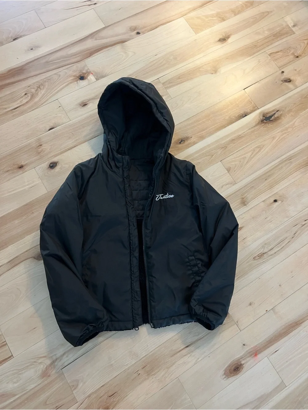 Kids Black Hooded Sherpa & Quilted Jacket